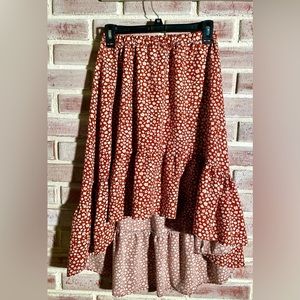 Trend Blossoms Floral ruffle hem high low boho skirt. Size 14